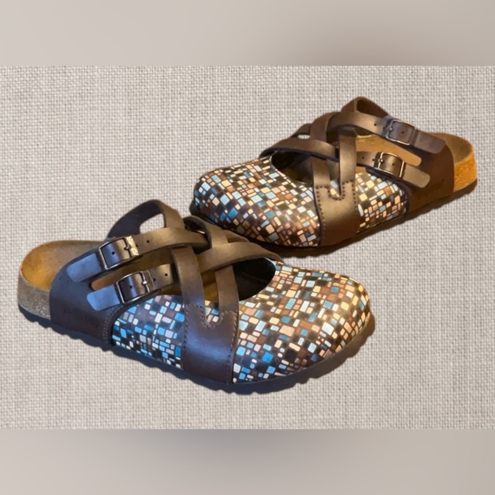 Birkenstock Papillio Lugano Mosaic Brown Birko Women’s Slip On Mule Clog EU 37
